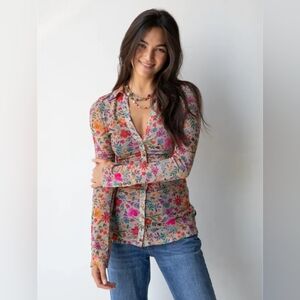 Natural Life Cariba Mesh Floral Long Sleeve Blouse